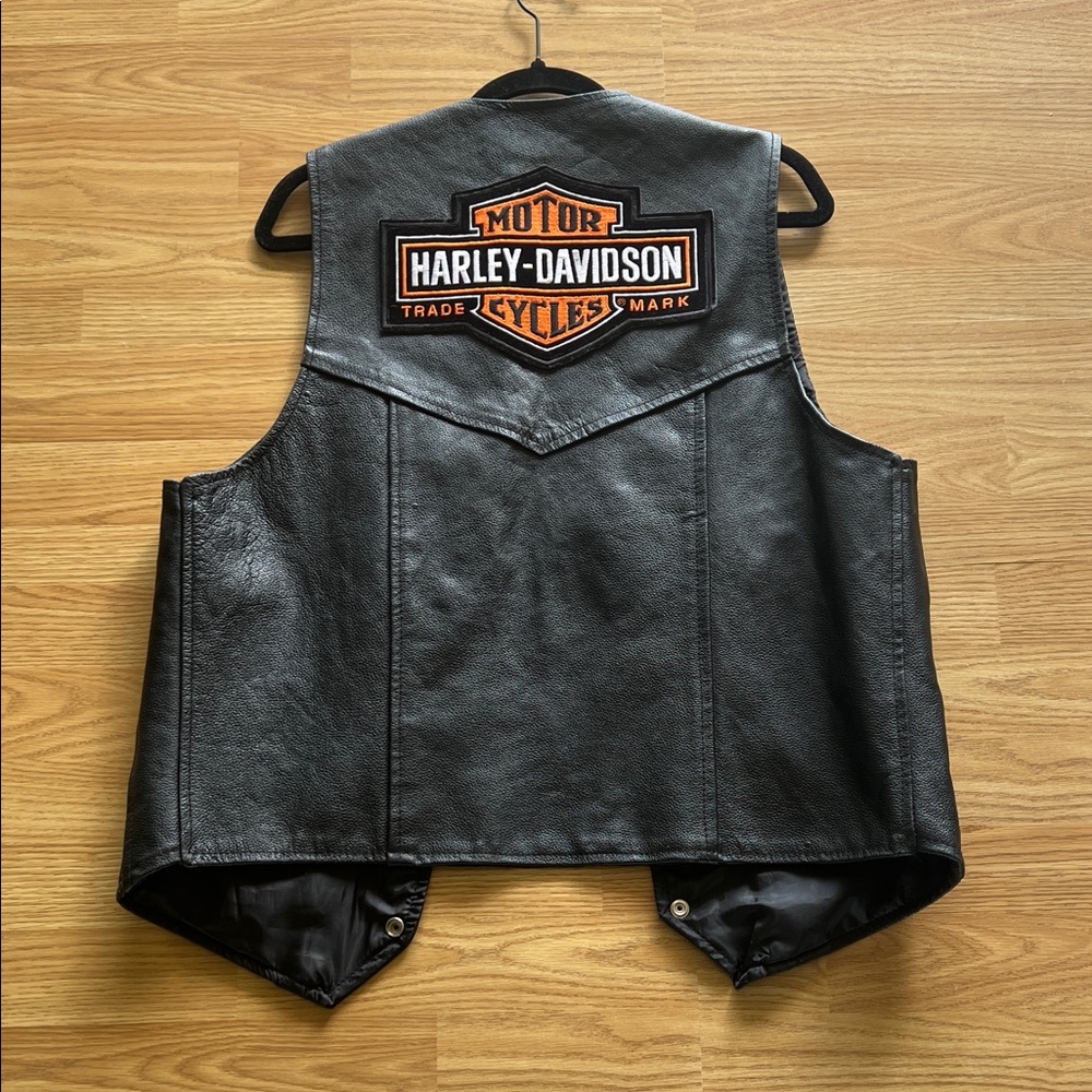 Harley-Davidson Black Leather Biker Vest with Orange Logo